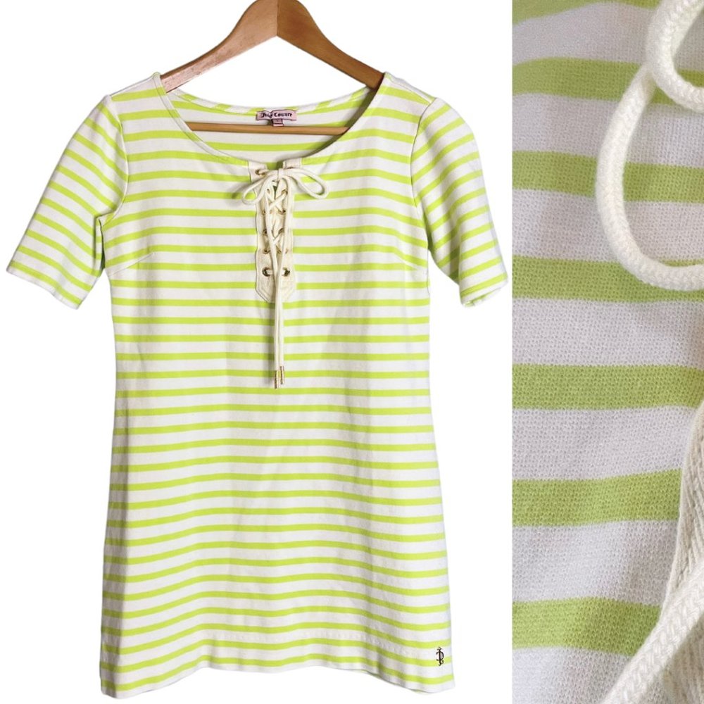 Juicy Couture Lime Green White Mini Dress Lace Up Tunic Size Small TShirt Y2k